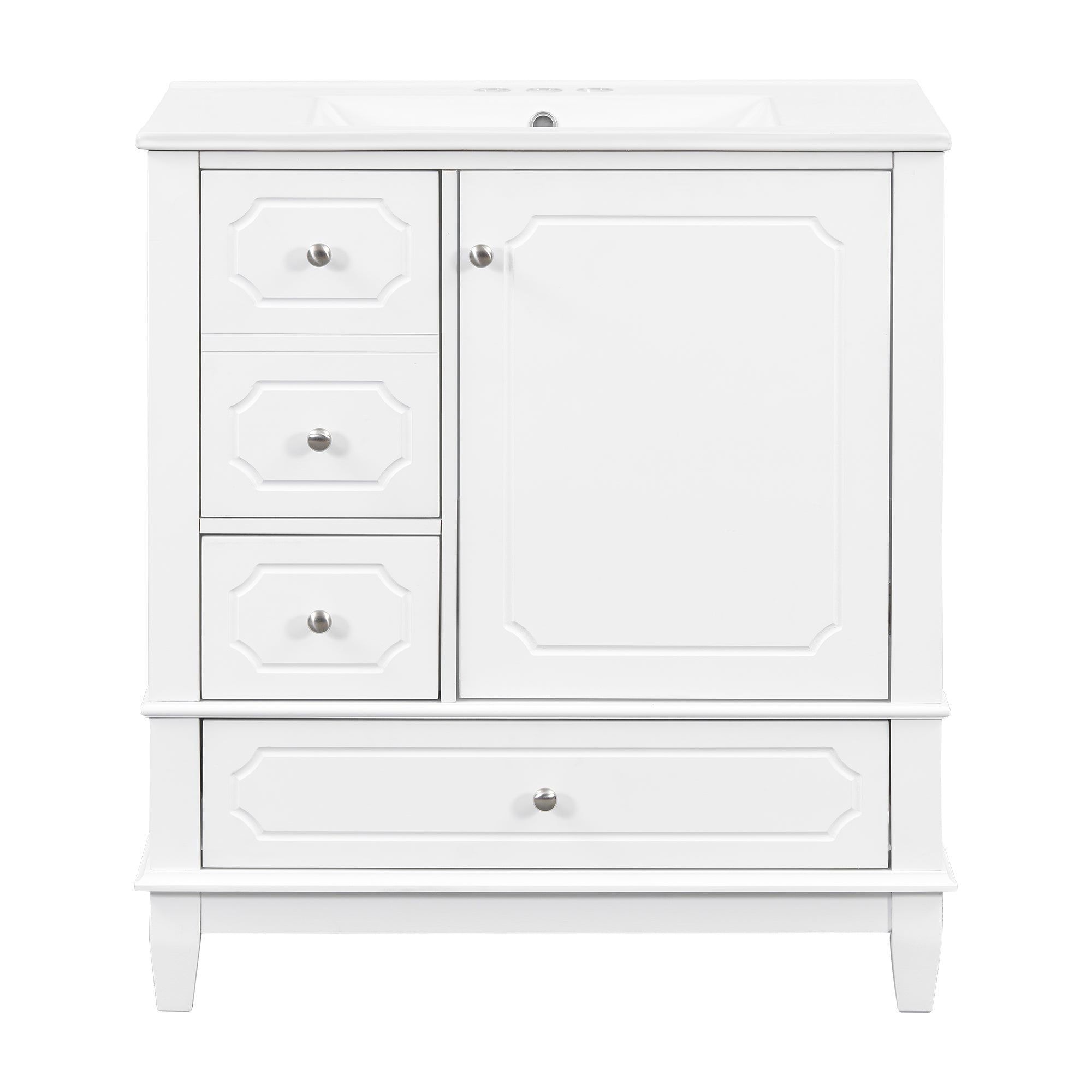 VanityFus 30-in White Bathroom Vanity Single Sink Combo Ceramic Top 1 Soft Close Door 3 drawers Undermount